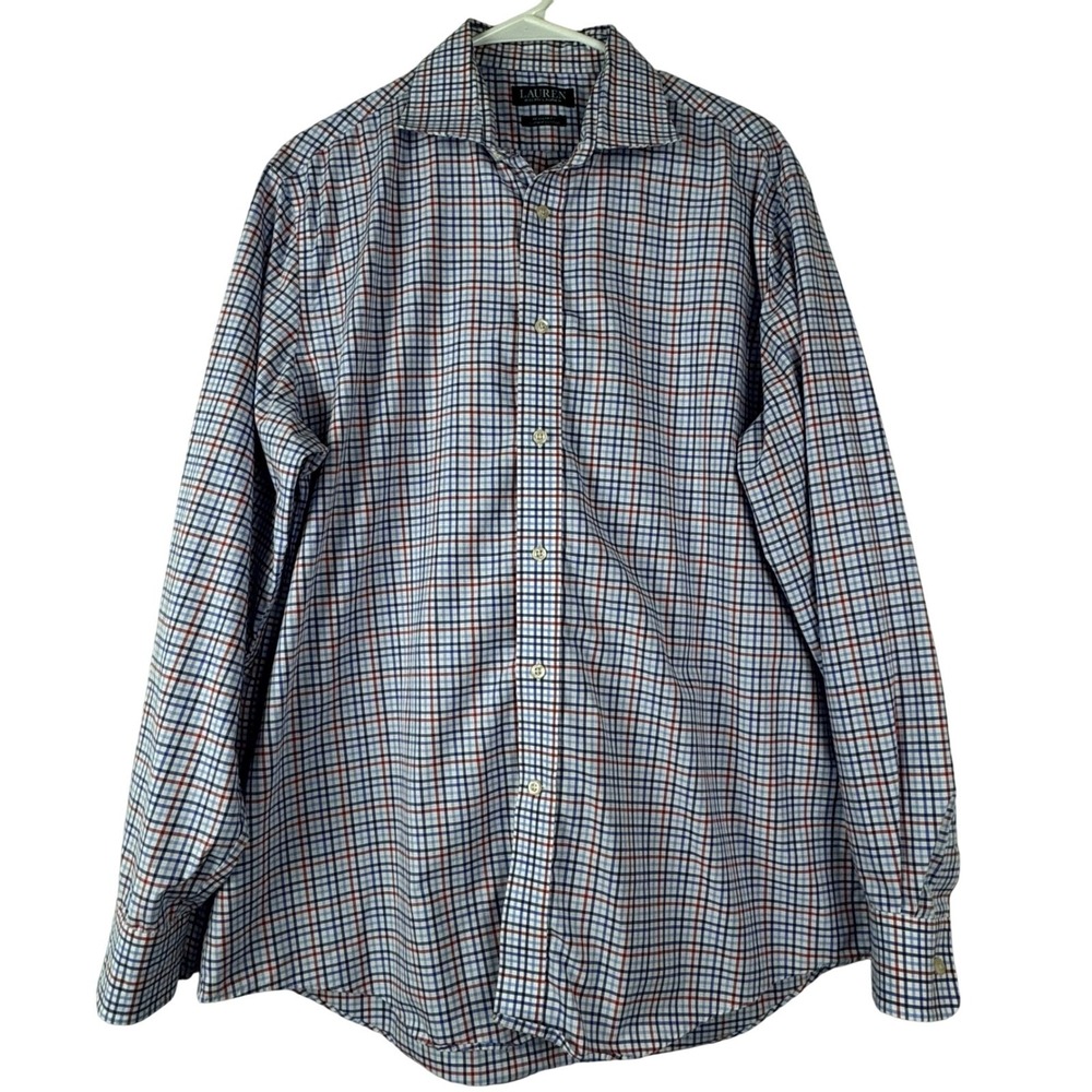 Lauren Ralph Lauren Men Blue‎ Cotton Plaid Dress Shirt Large Office Casual Work